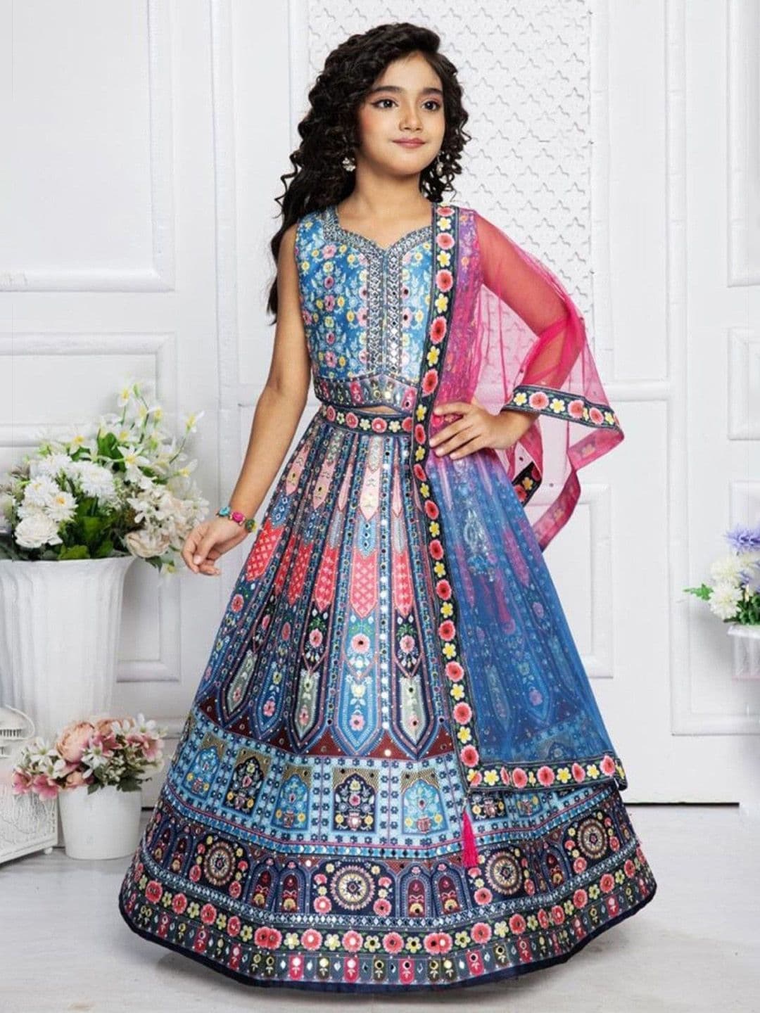 NKV Girls Printed Mirror Work Lehenga With Blouse & Dupatta - view 1