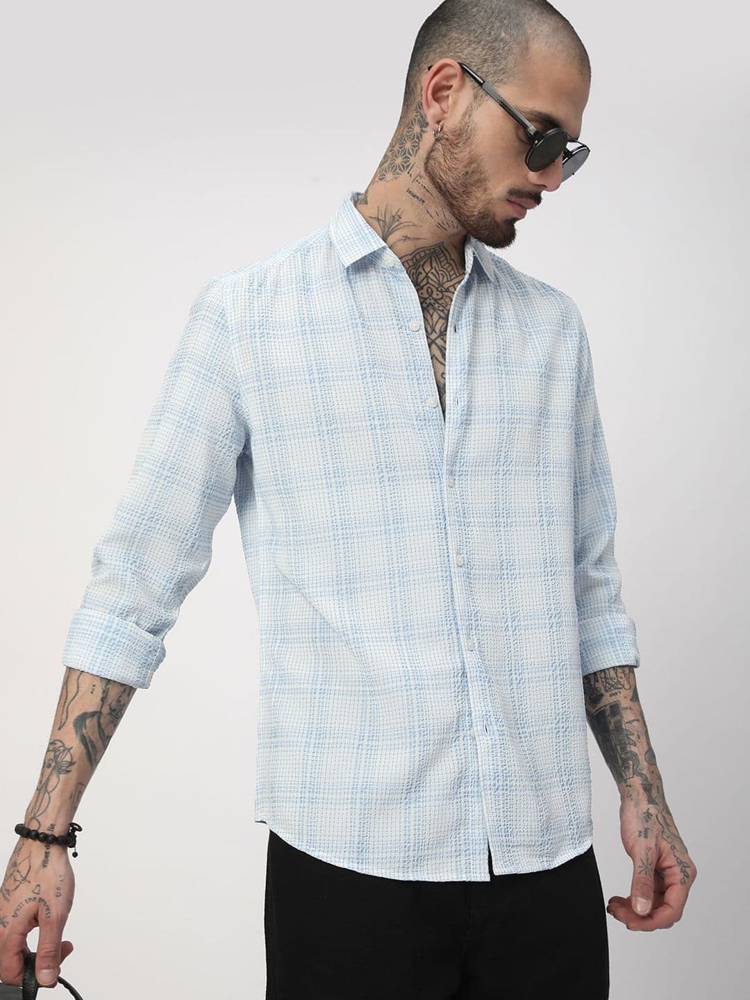 VASTRADO Men Bluey Mini Plaid Checks Seersucker Slim Fit Shirt - view 1
