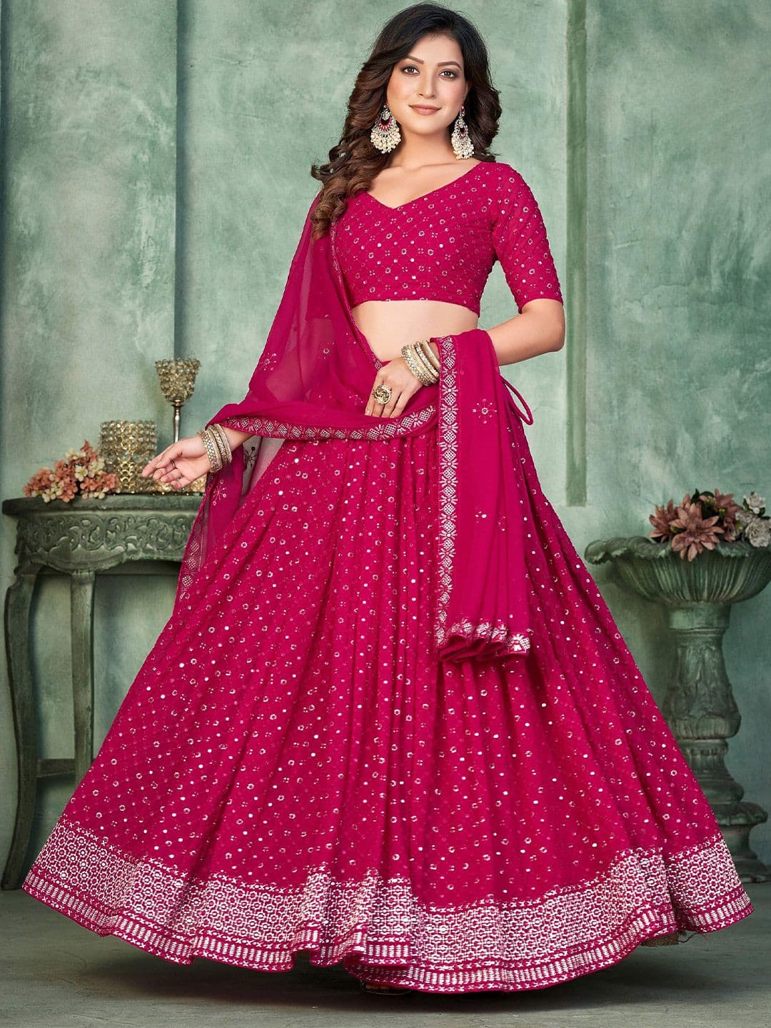 KALINI Embroidered Sequinned Semi-Stitched Lehenga & Unstitched Blouse With Dupatta - view 1
