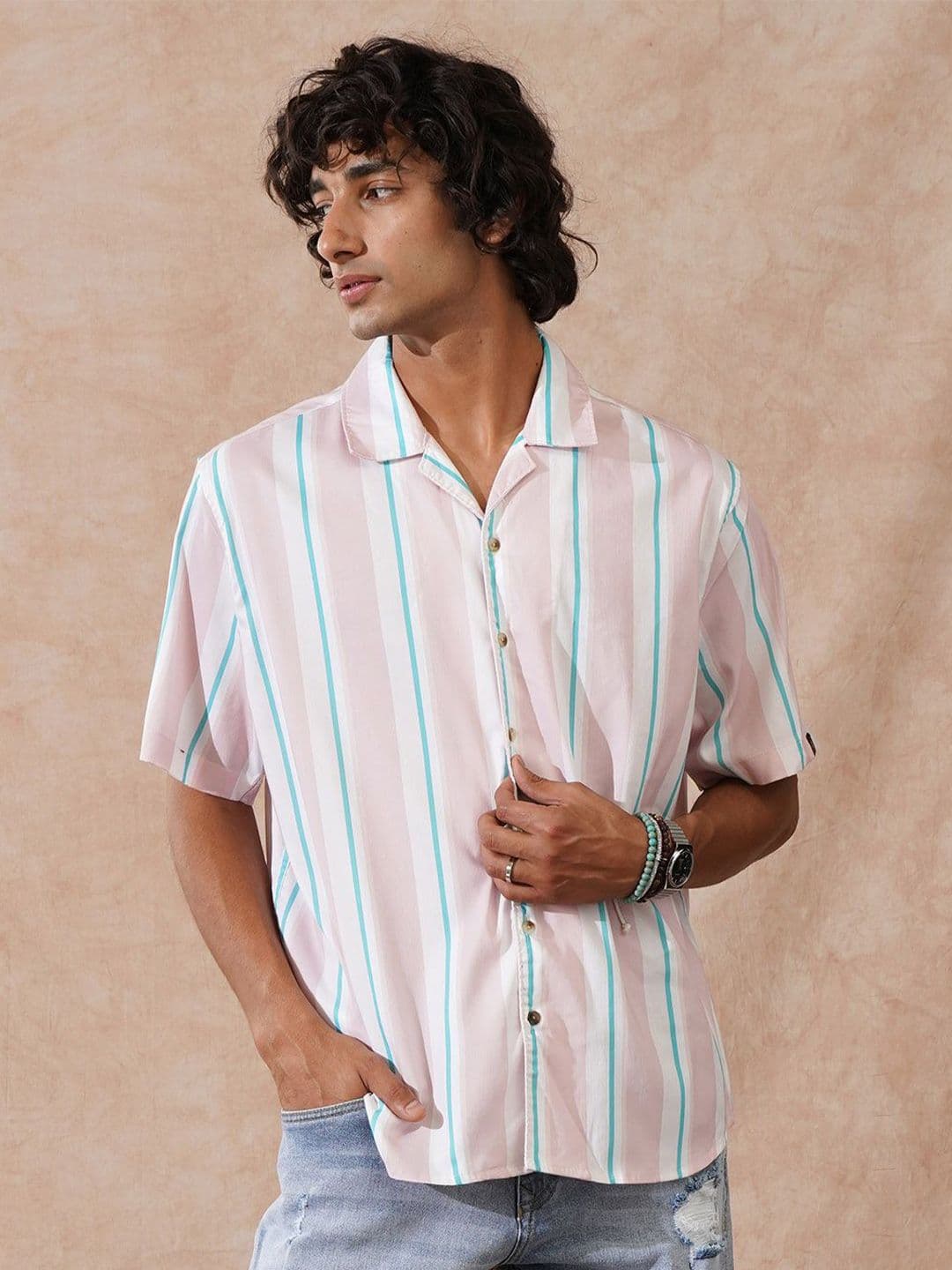 WROGN Men Comfort Fit Vertical Striped Cuban Collar Cotton Casual Shirt - view 1