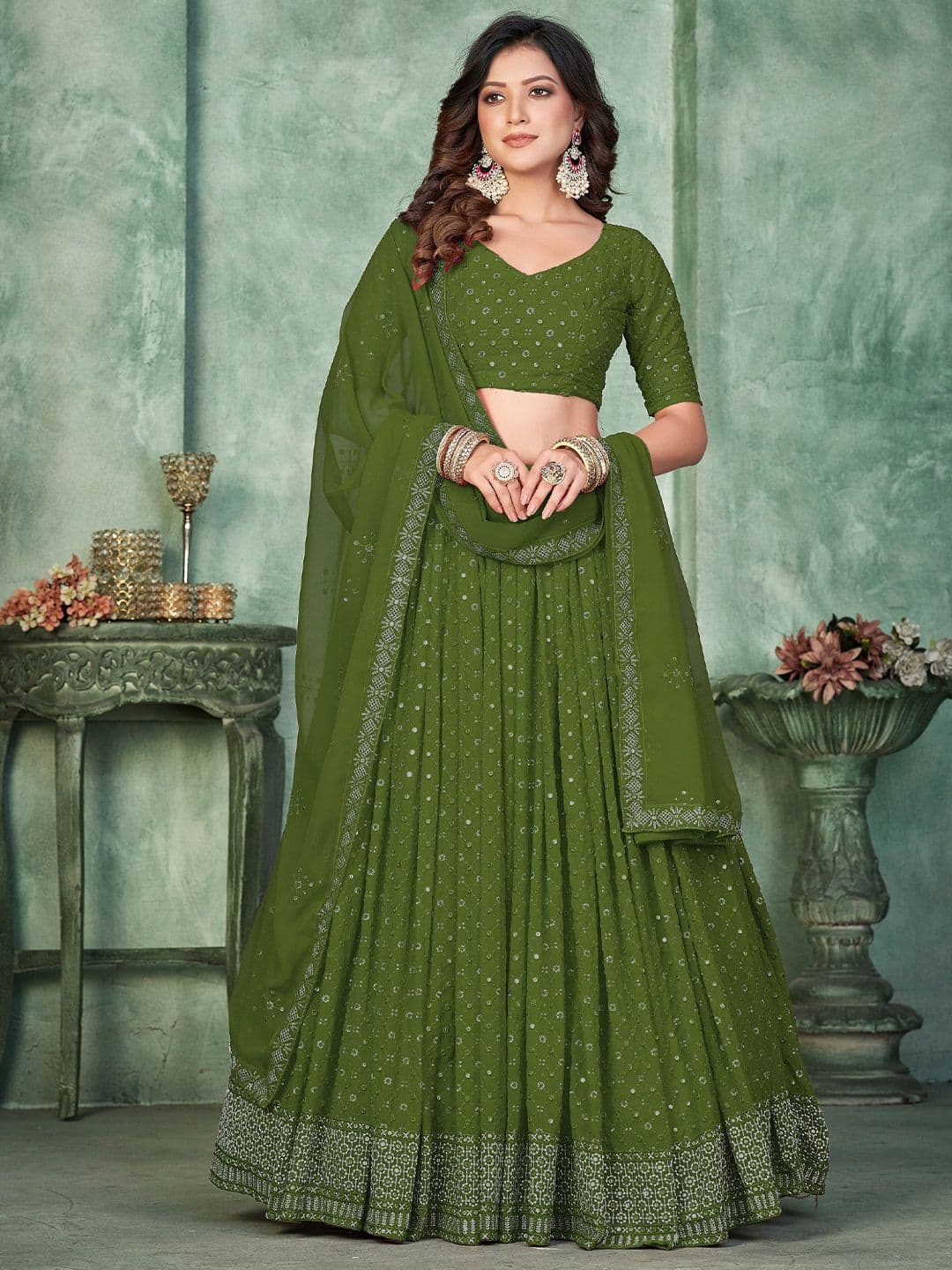 KALINI Embroidered Sequinned Semi-Stitched Lehenga & Unstitched Blouse With Dupatta - view 1