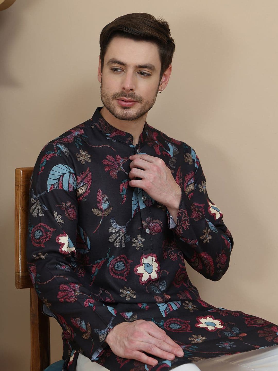 Anouk Rustic Men Floral Printed Thread Work Cotton Kurta - view 1
