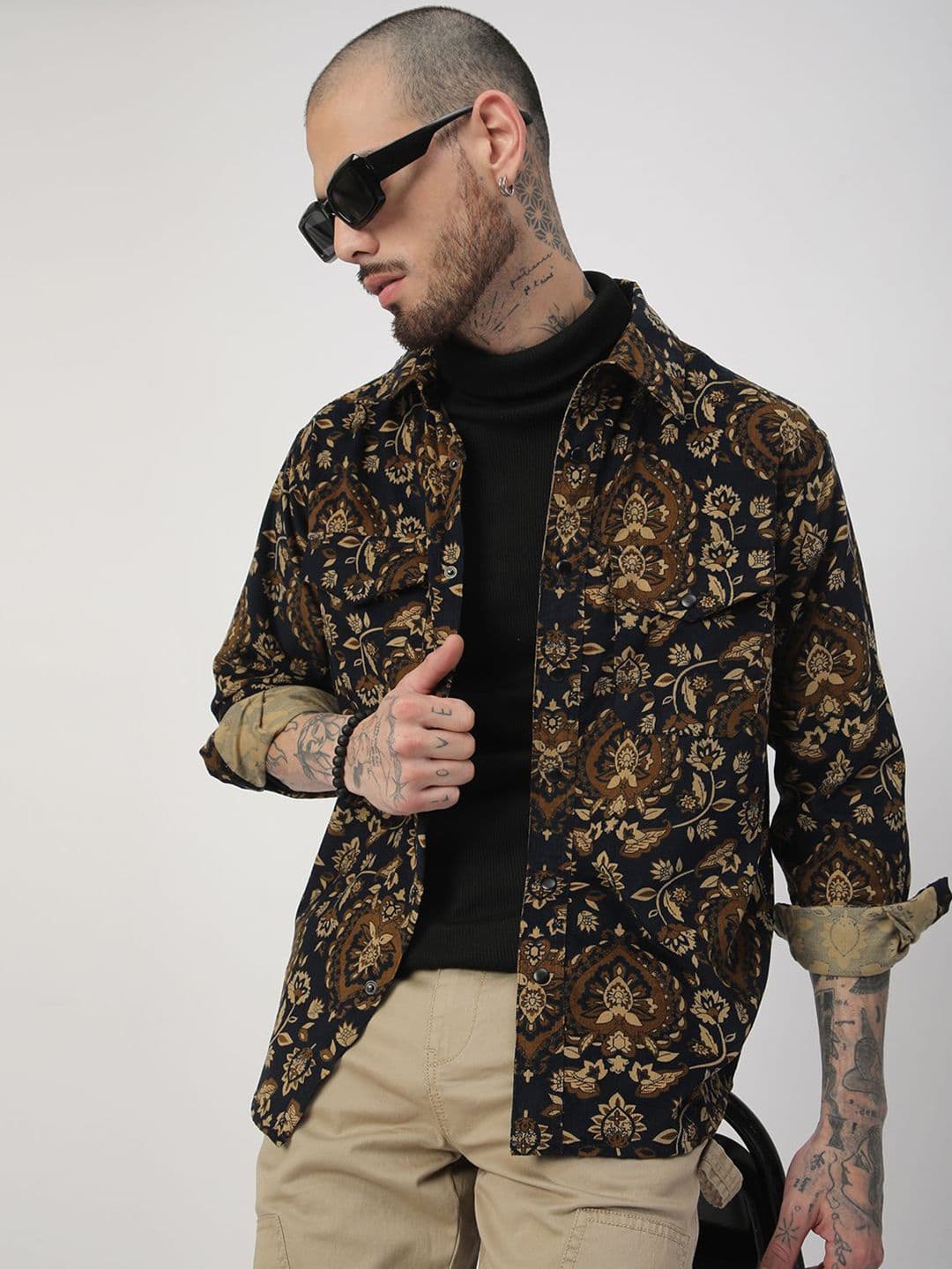 VASTRADO Ethnic Motifs Printed Double Pocket Corduroy Classic Slim Fit Cotton Shirt - view 1