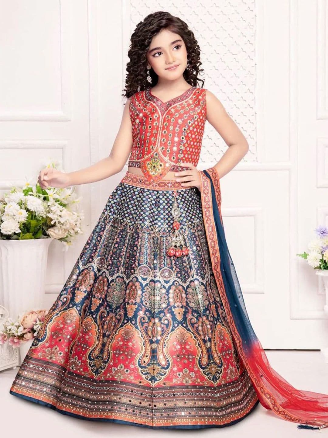 NKV Girls Printed Mirror Work Ready to Wear Lehenga & Blouse With Dupatta - view 1