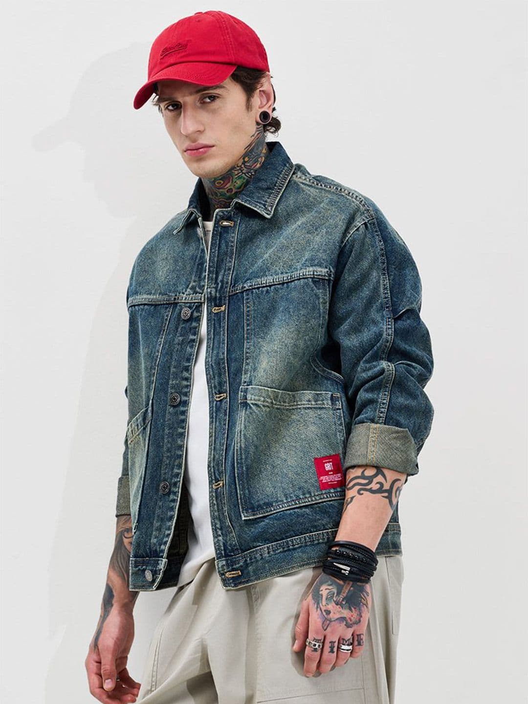 Snitch Dark Blue Self Design Jacket - view 1