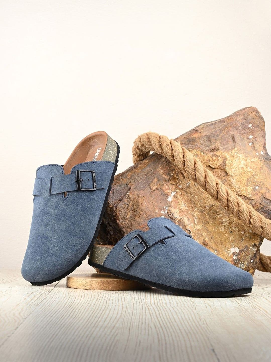UNDERROUTE Men Navy Blue Leather Round Toe Mules With Buckles - view 1