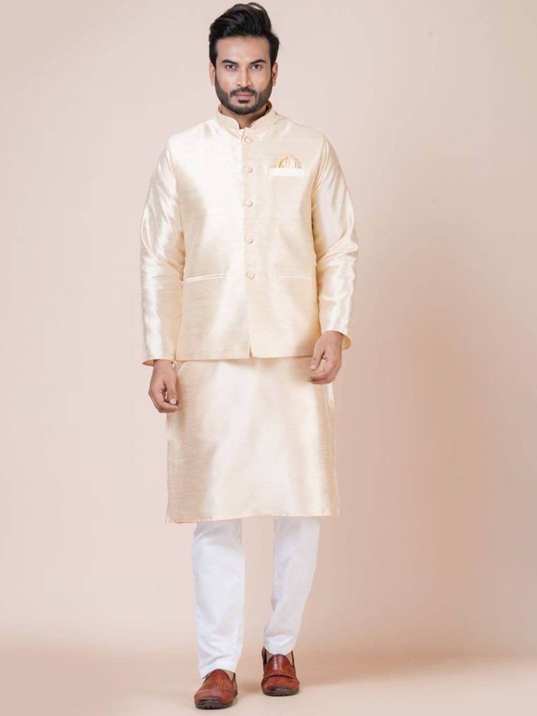 Nawaz's Kurta Mandarin Collar Neck Woven Nehru Jacket - view 1