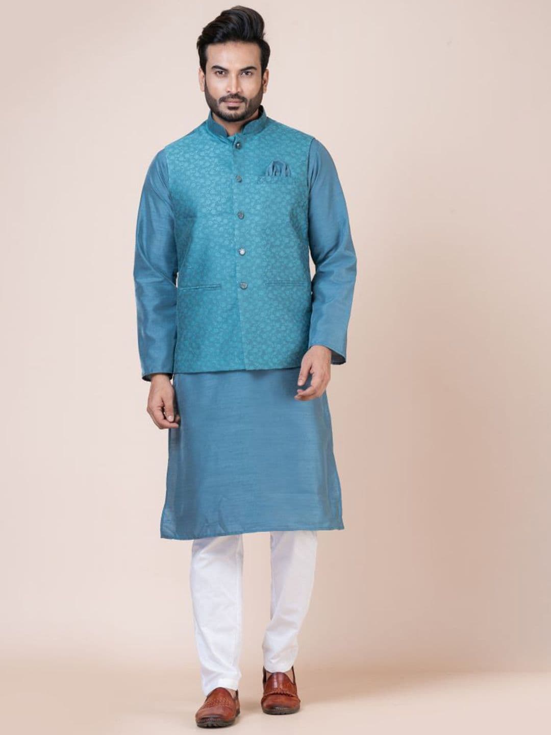 Nawaz's Kurta Printed Mandarin Collar Neck Woven Nehru Jacket - view 1