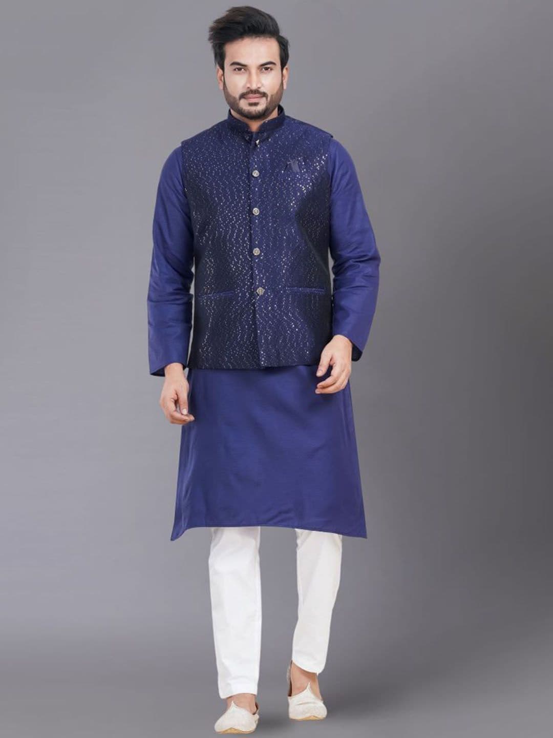 Nawaz's Kurta Embellished Mandarin Collar Neck Woven Nehru Jacket - view 1