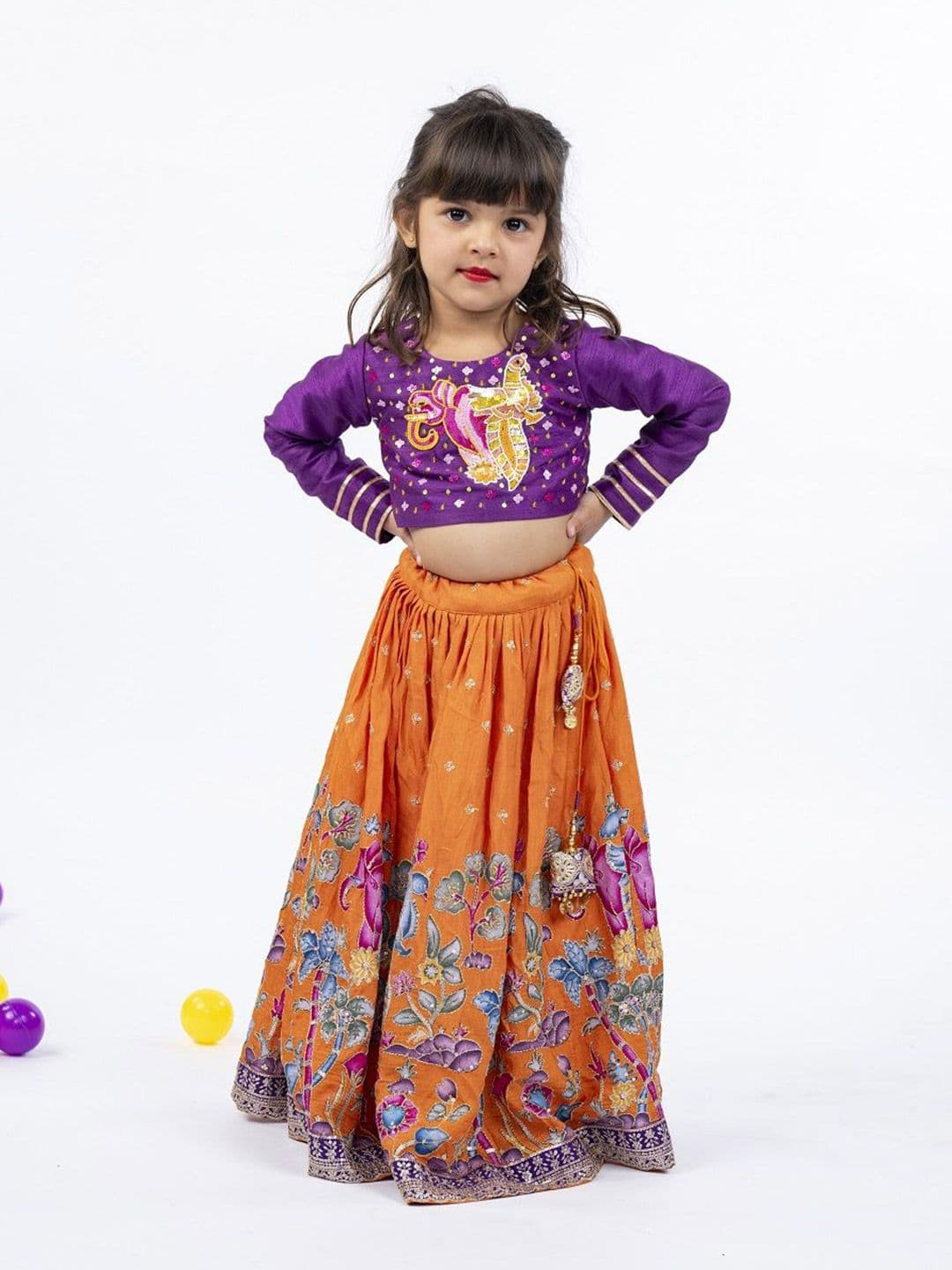 Jilmil Girls Embroidered Ready to Wear Top With Kalamkari Embroidered Lehenga - view 1