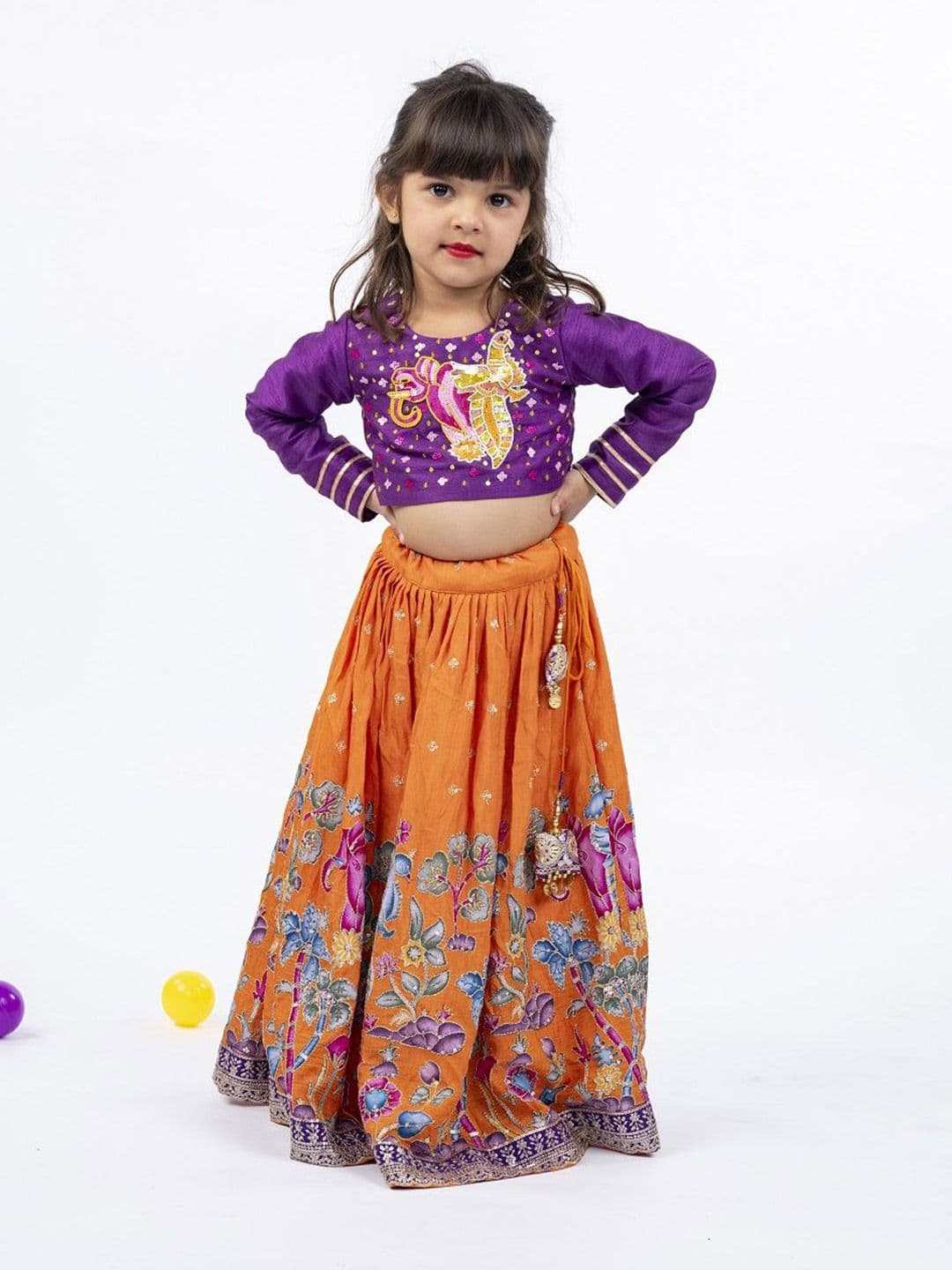 Jilmil Girls Printed Ready to Wear Top With Kalamkari Embroidered Lehenga - view 1