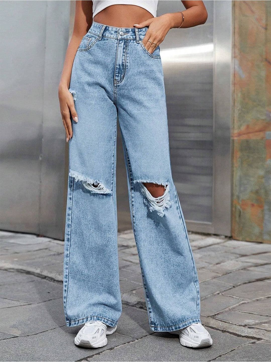 Aadvi Fashion Baggy Women Smart Wide Leg High-Rise Slash Knee Stretchable Jeans - view 1