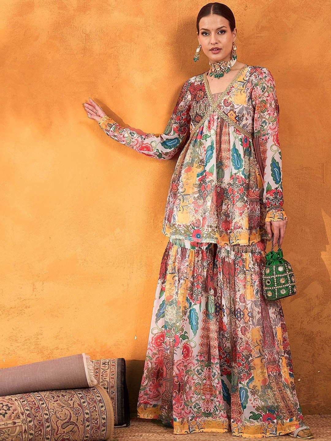 Shae by SASSAFRAS Floral Printed V-Neck Empire A-Line Kurti With Sharara - view 1