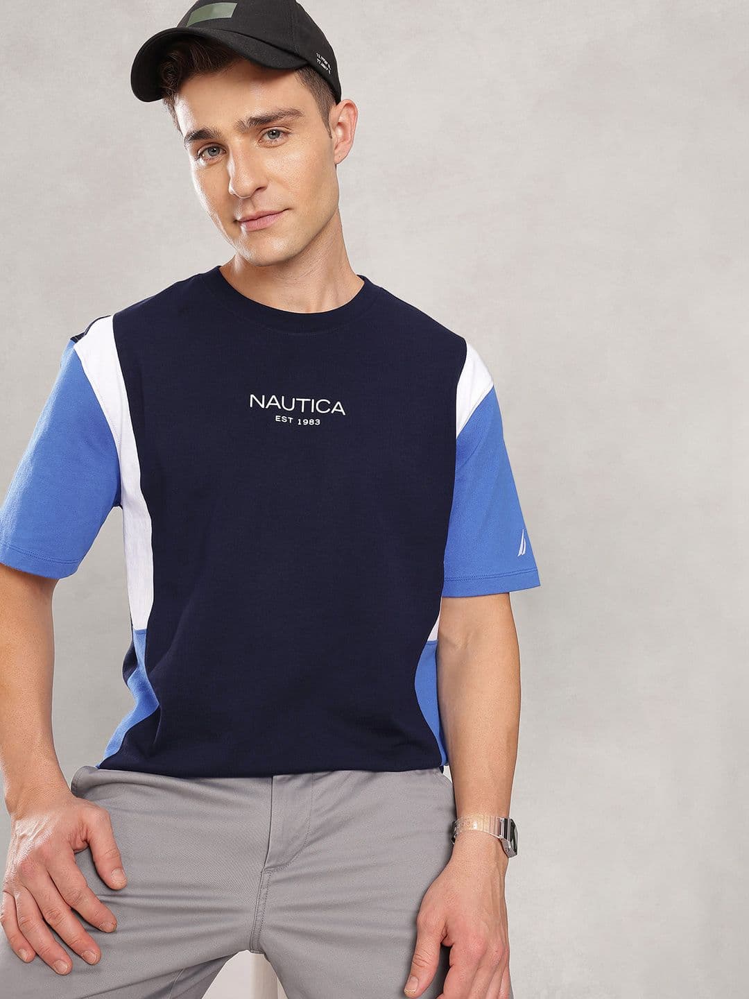 Nautica Colourblocked Relaxed Fit Drop-Shoulder Sleeves Pure Cotton T-shirt - view 1