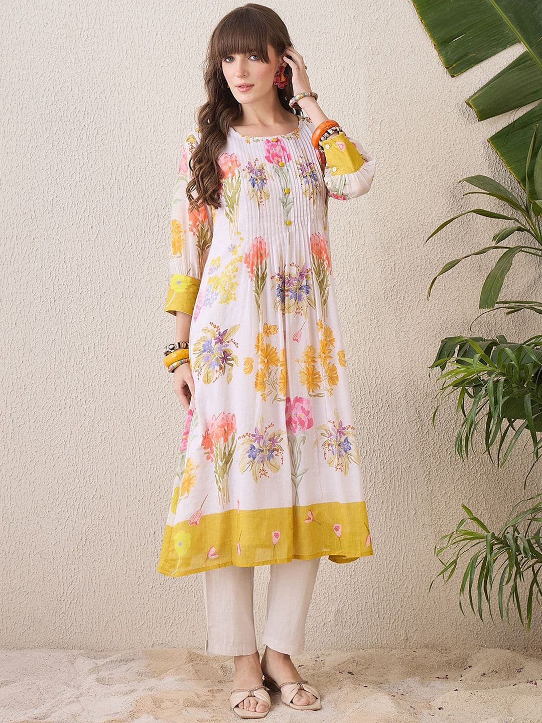 Indo Era Floral Printed Pleated Round Neck Pure Cotton A-Line Kurta With Trousers - view 1