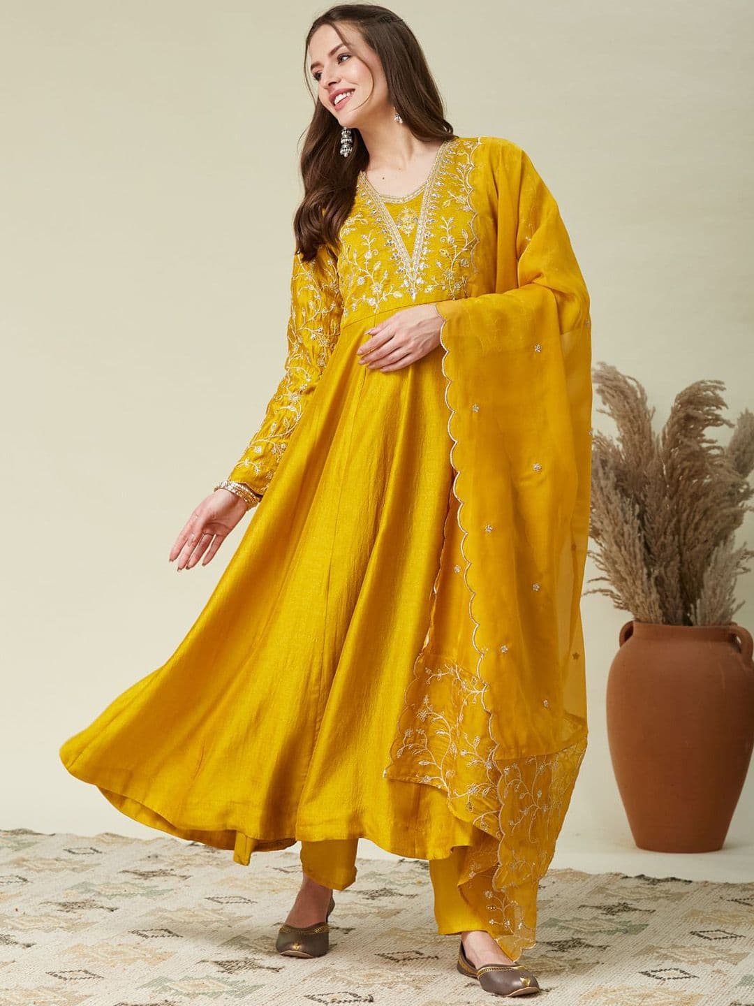 MOKOSH Floral Embroidered Sequnnied Silk Anarkali Kurta With Trousers & Dupatta - view 1