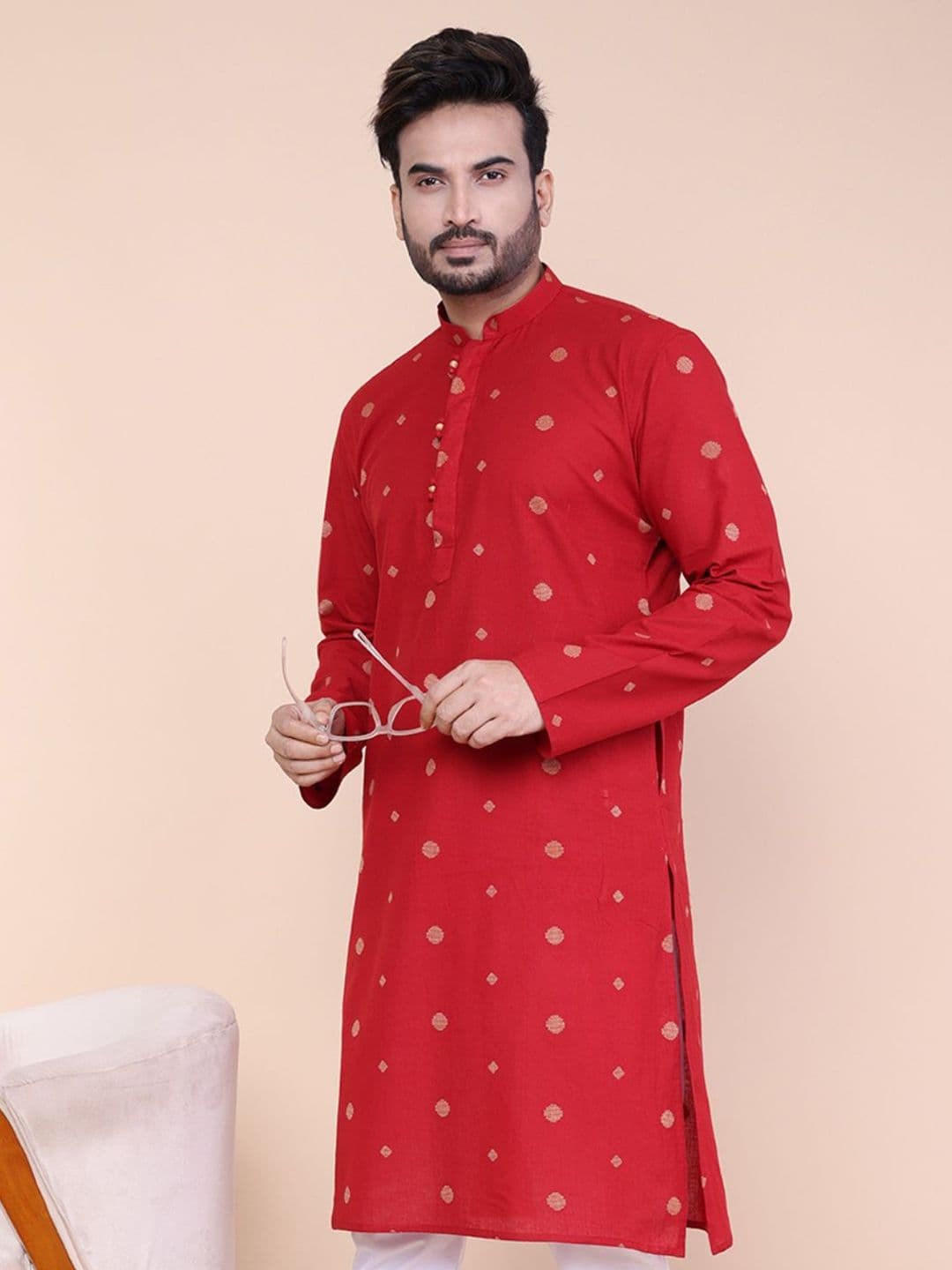 W & G Geometric Woven Design Cotton Silk Mandarin Collar Straight Long Kurta - view 1