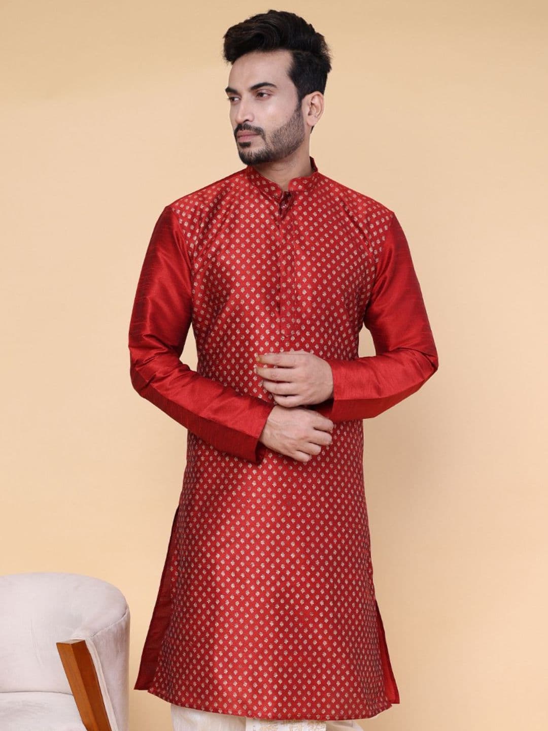 W & G Silk Mandarin Collar Straight Long Kurta - view 1