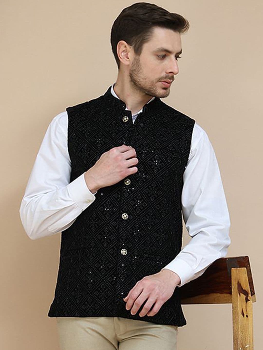 Jompers Embroidered Velvet Nehru Jacket - view 1