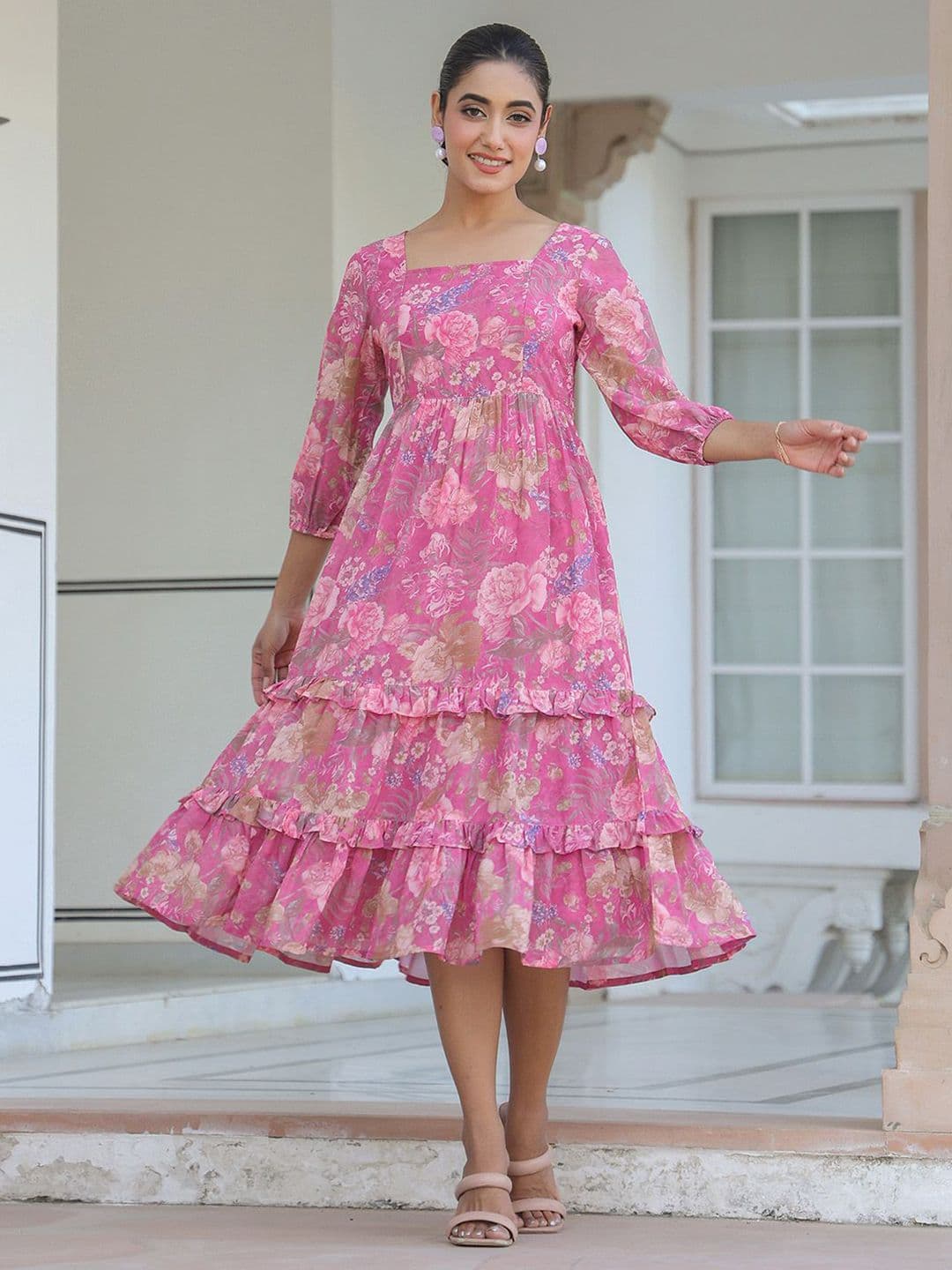 Janasya Floral Printed Tiered Ethnic Dress - view 1