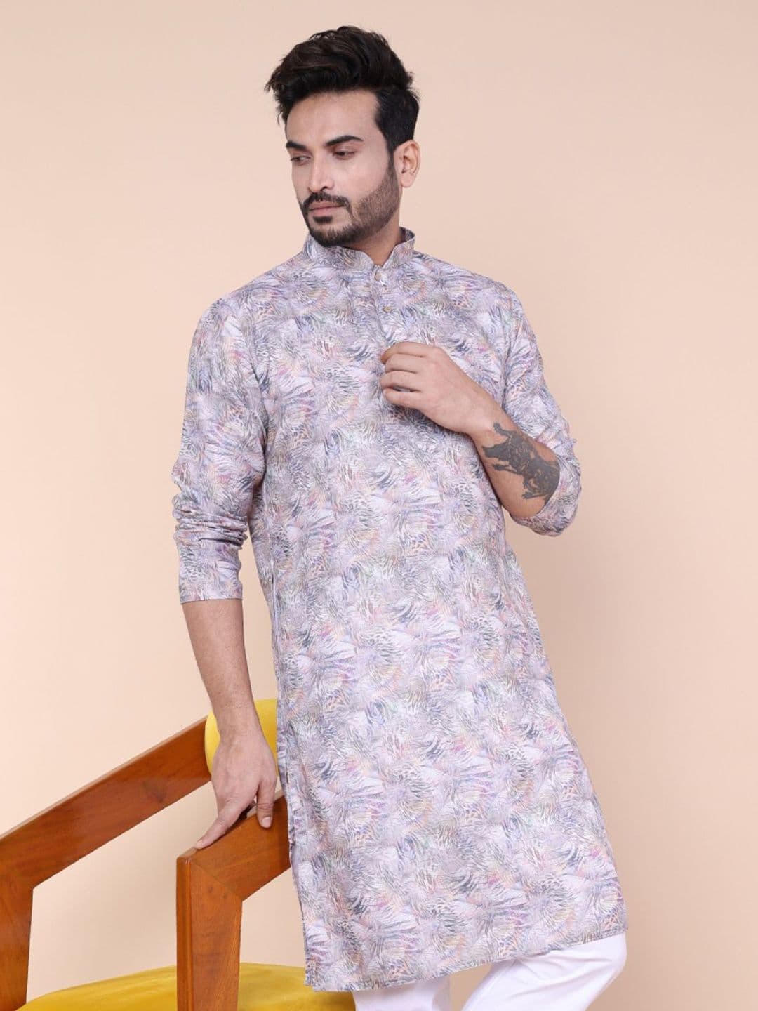 W & G Abstract Printed Mandarin Collar Cotton Straight Kurta - view 1