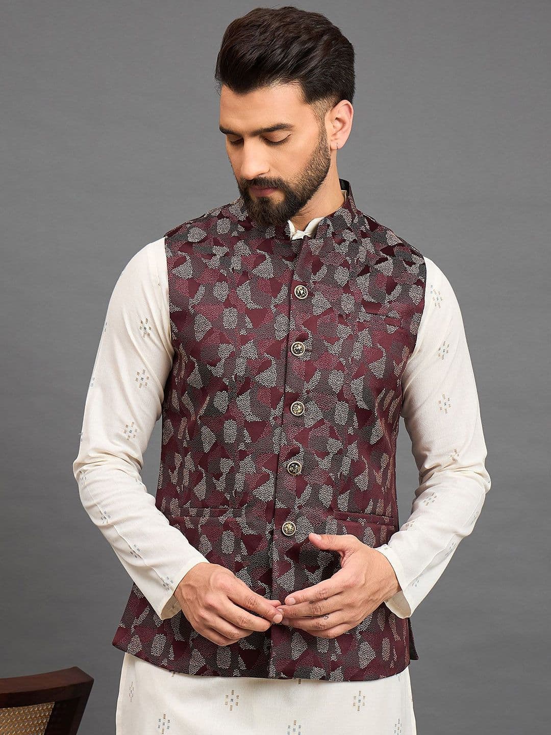 House of Pataudi Jacquard Woven Design Mandarin Collar Nehru Jacket - view 1