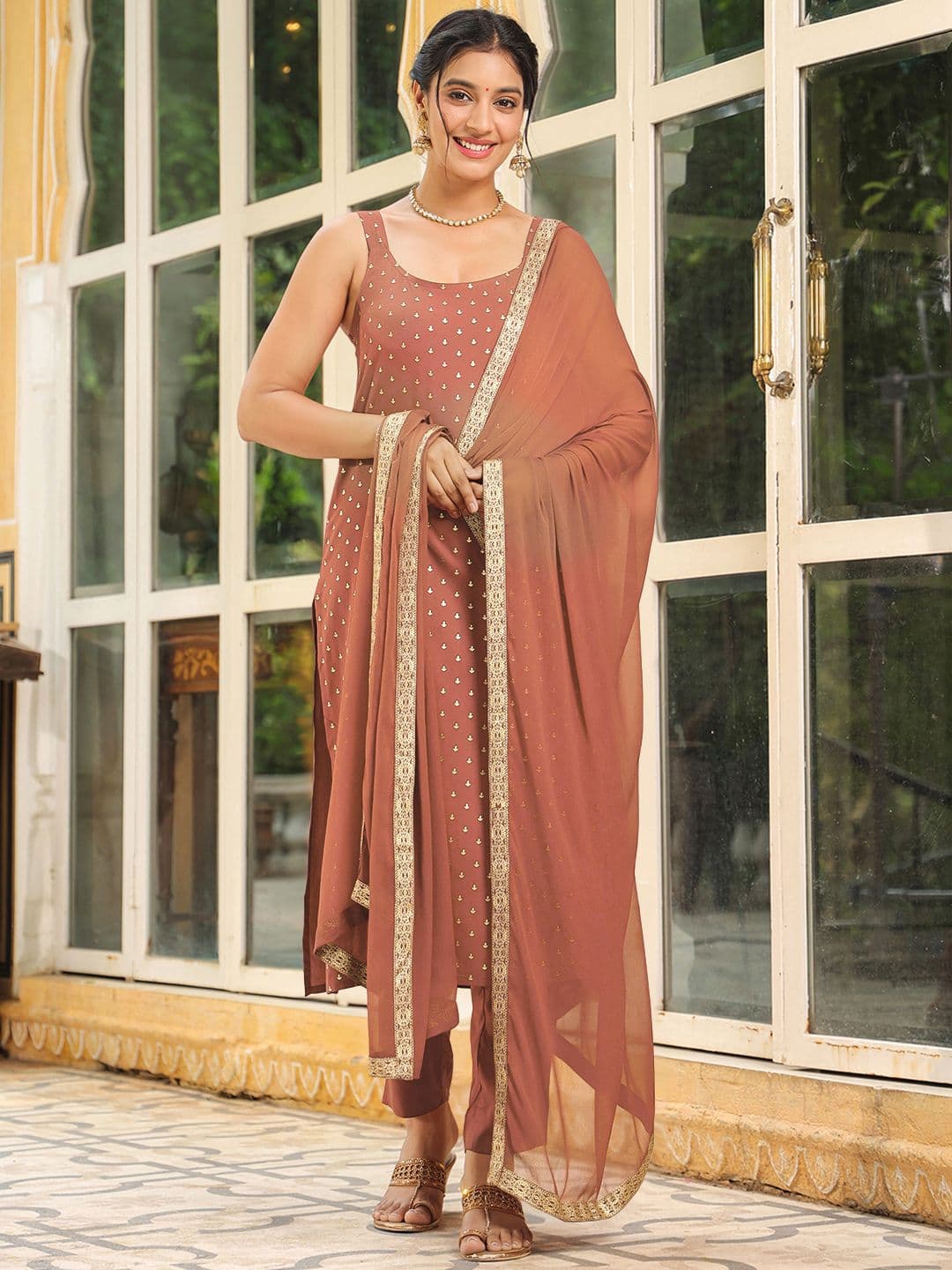 Janasya Floral Printed Square Neck Sleeveless Straight Kurta With Trousers & Dupatta - view 1