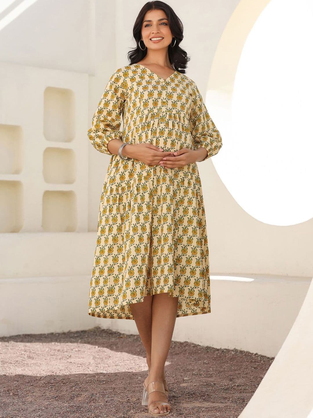 Janasya Floral Printed Pure Cotton A-line Maternity Ethnic Dress - view 1