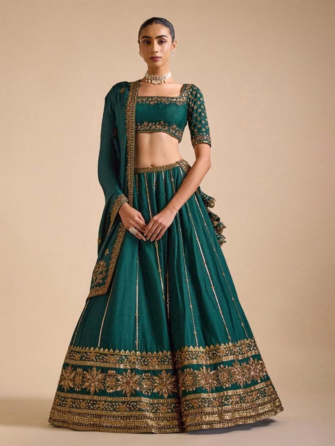 JIHU CULTURE Embroidered Semi-Stitched Lehenga & Unstitched Blouse With Dupatta - view 1