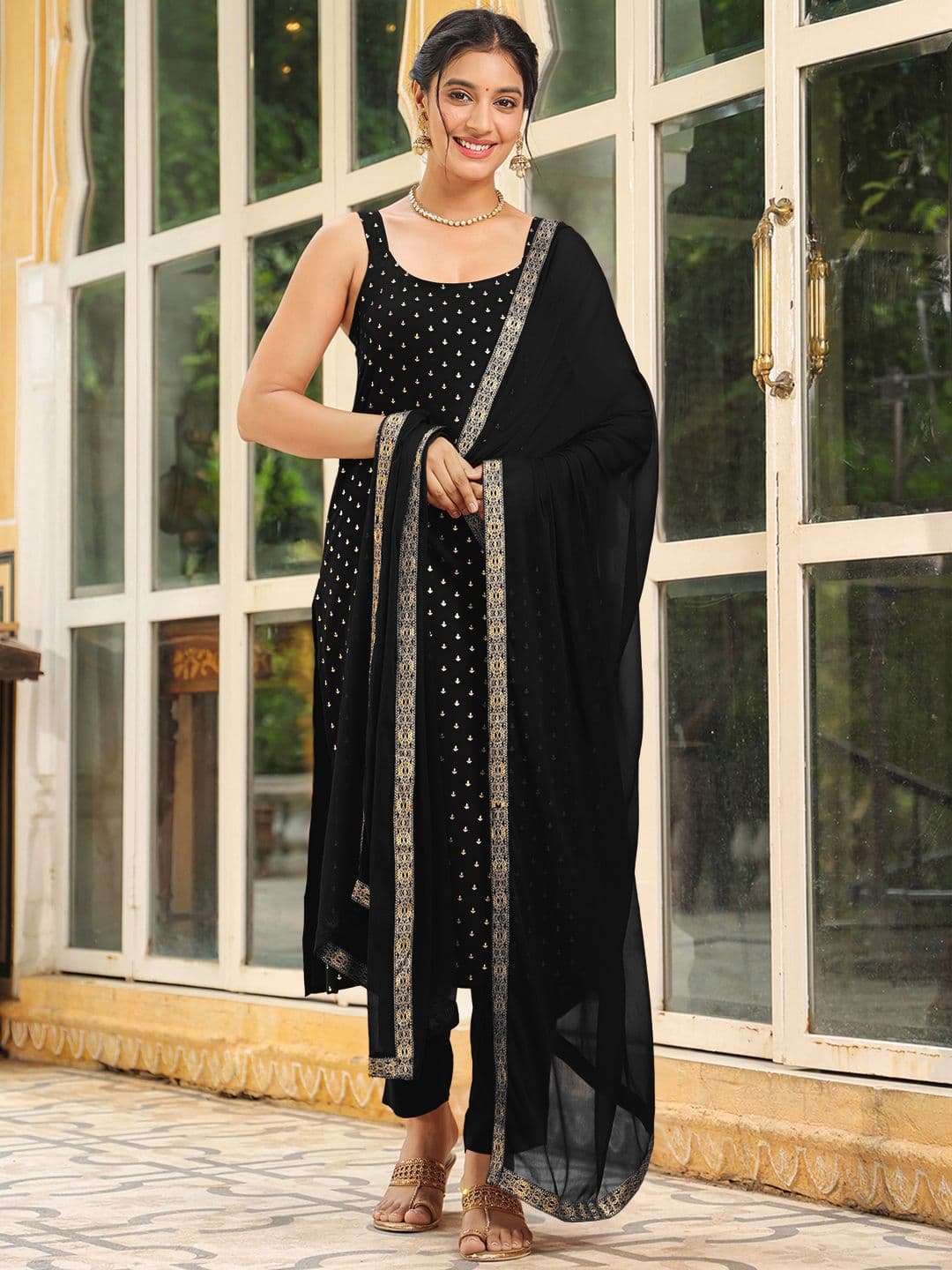 Janasya Black Floral Printed Sleeveless Straight Kurta With Trousers & Dupatta Rayon Set - view 1