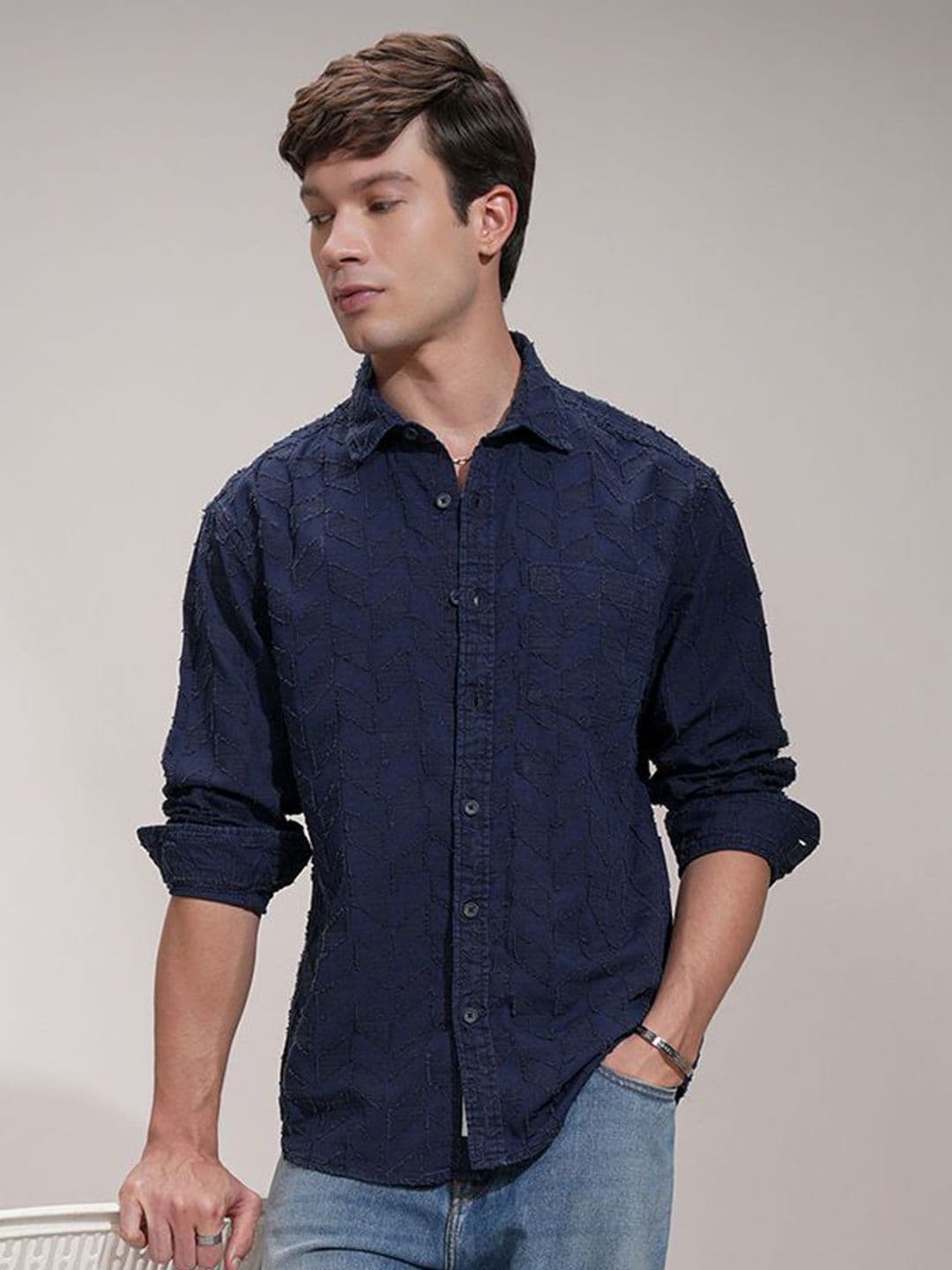HIGHLANDER Men Navy Blue Comfort Opaque Textured Relaxed Shirt - view 1