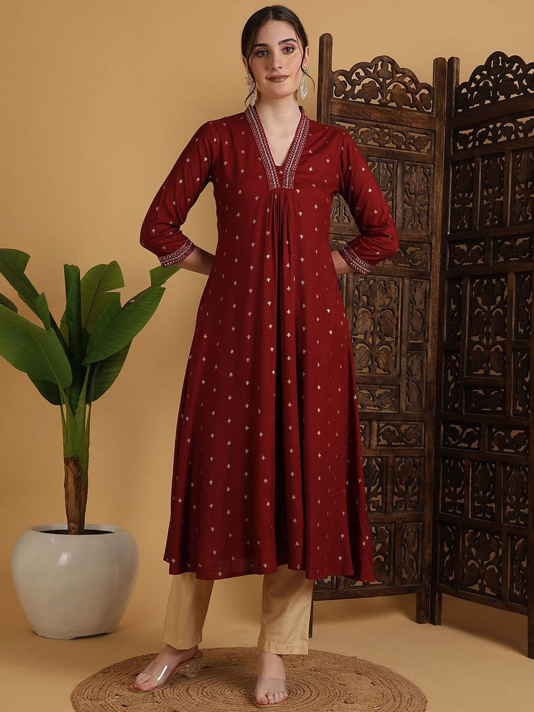 Sangria Semi-Flared 3/4 Sleeves V-Neck Kurta - view 1