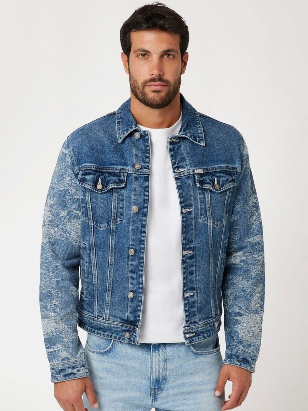 GUESS Dillion Men Washed Cotton Denim Jacket With Patchwork - view 1