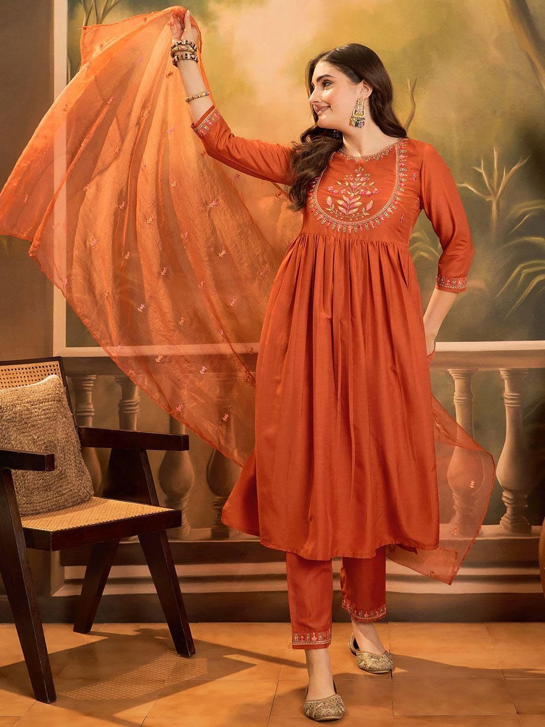 Sangria Floral Yoke Design V-Neck Sequinned Chinon A-Line Kurta With Trousers & Dupatta - view 1