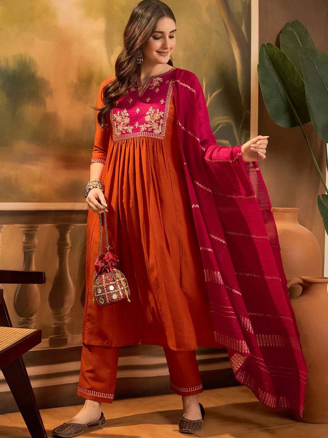 Sangria Floral Yoke Design Notch Neck Sequinned Chinon Silk Kurta With Trousers & Dupatta - view 1