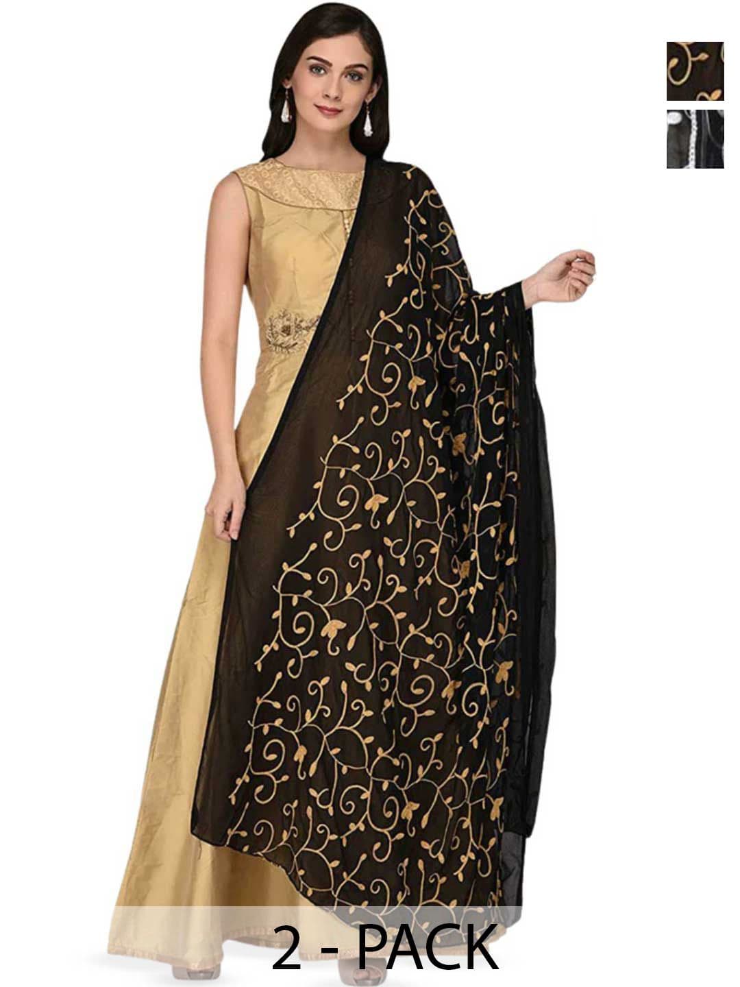Kemza Selection Of 2 Phulkari Floral Embroidered Chiffon Dupattas - view 1