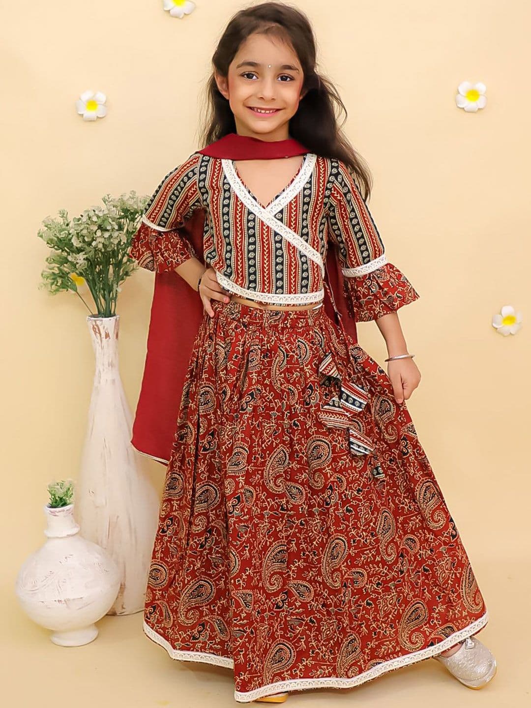 The Mom Store Girls Kalamkari Cotton Lehenga Set with Dupatta - view 1