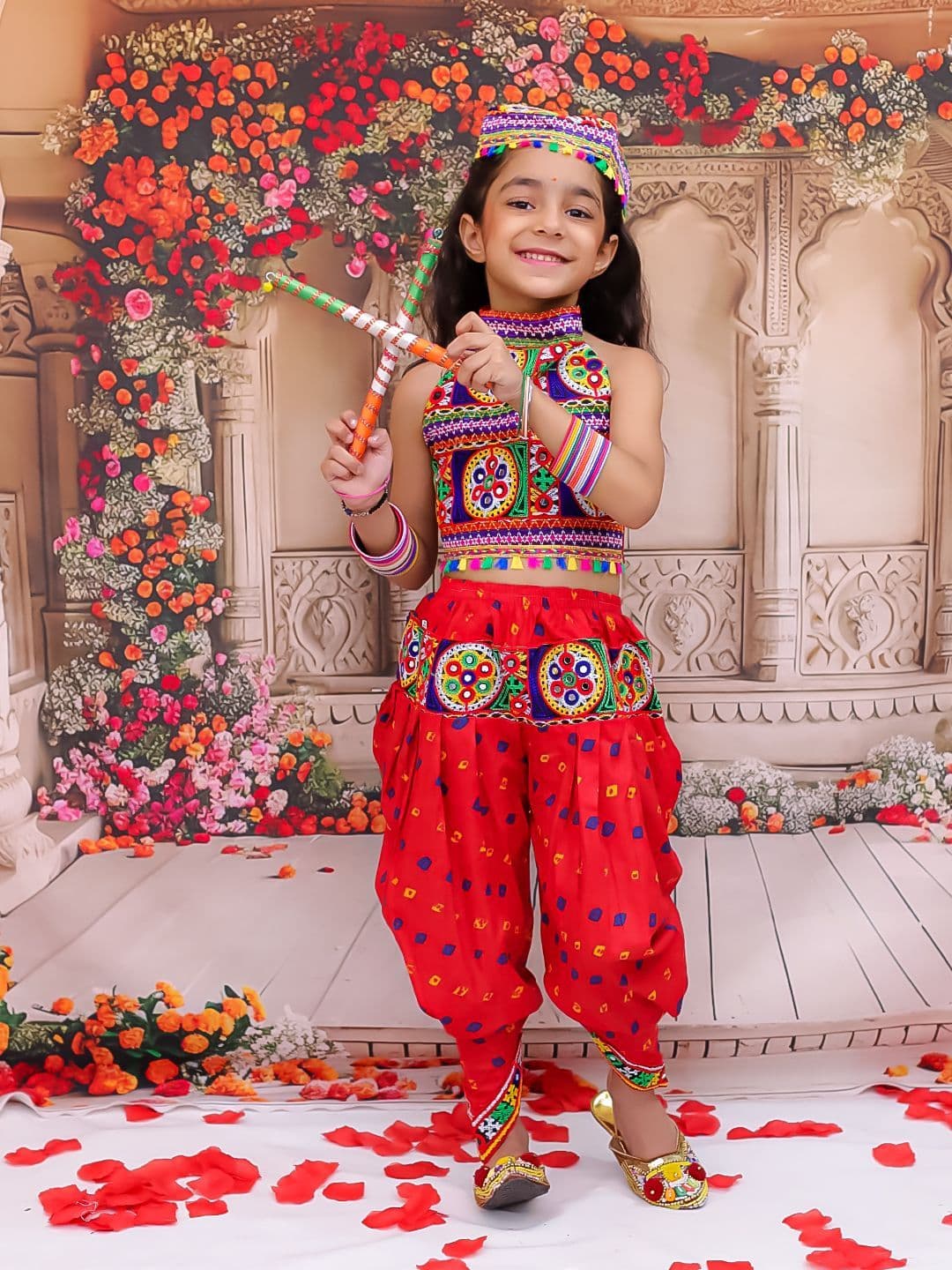 KID1 Girls Embroidered Sleeveless Thread Work Pure Cotton Top With Dhoti Pants With Cap - view 1