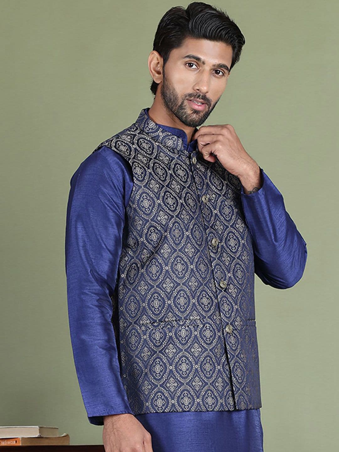 Jompers Men Woven Design Mandarin Collar Nehru Jacket - view 1