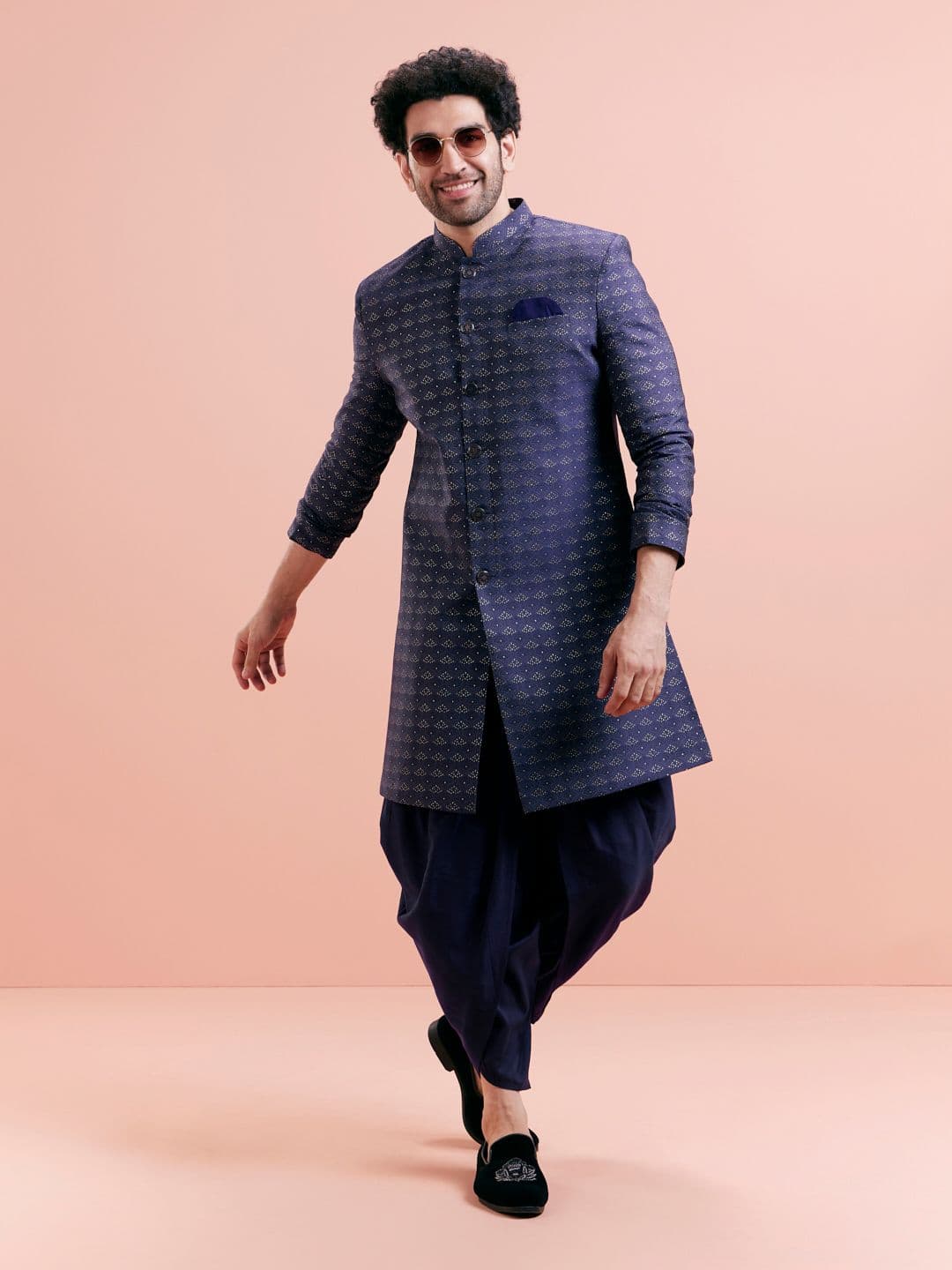 KISAH Men Self-Design Mandarin Collar Kurta Indowestern Sherwani Dhoti Set