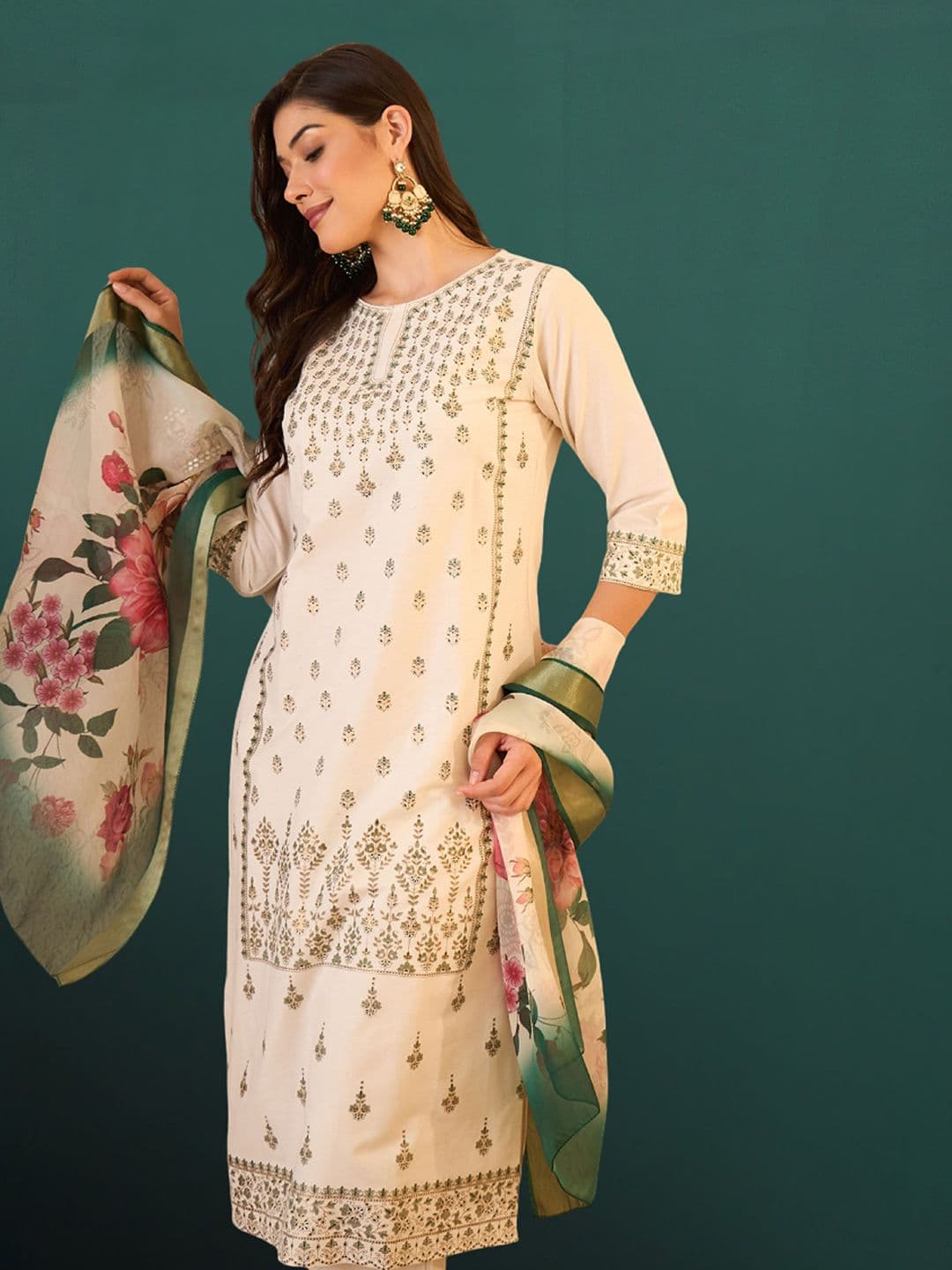 Royal Export Floral Embroidered Thread Work Straight Kurta With Palazzos & Dupatta - view 1