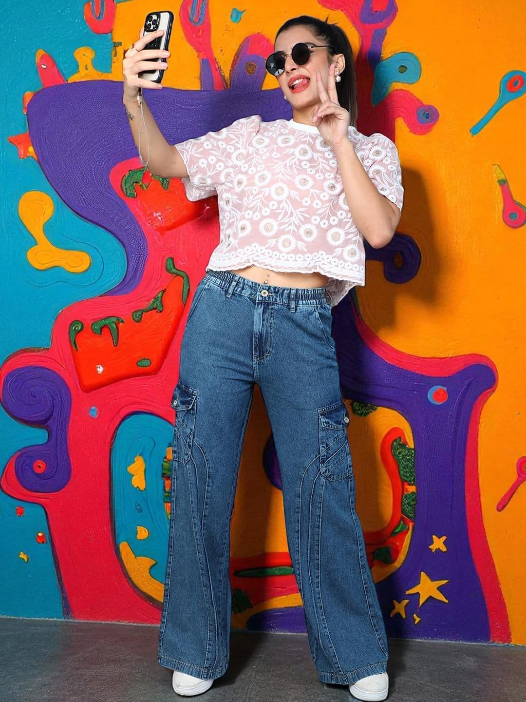 FCK-3 Women Wide Leg High-Rise Light Fade Stretchable Jeans - view 1