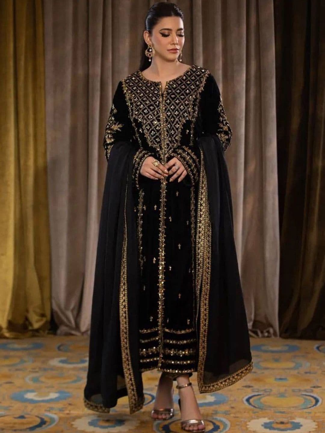 WAZIX Clothing Ethnic Motifs Embroidered Velvet Kurta With Trousers & Dupatta - view 1