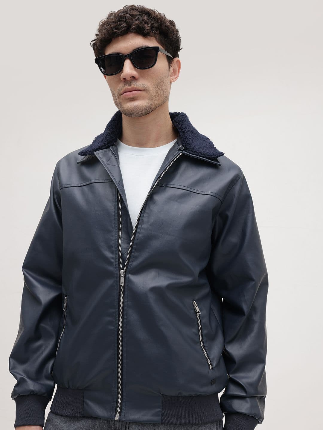 The Roadster Life Co. Faux Leather Spread Collar Bomber Jacket with Sherpa Detail - view 1
