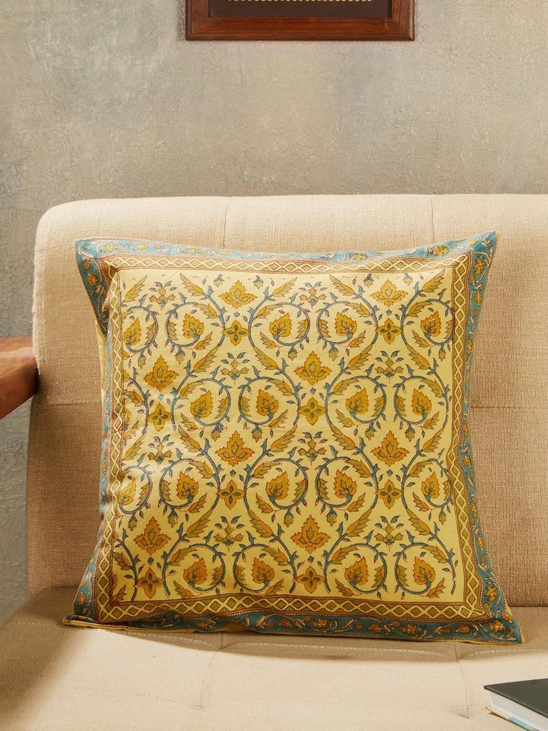 Fabindia Narfisa Yellow & Brown Printed Cotton Square Cushion Cover - view 1