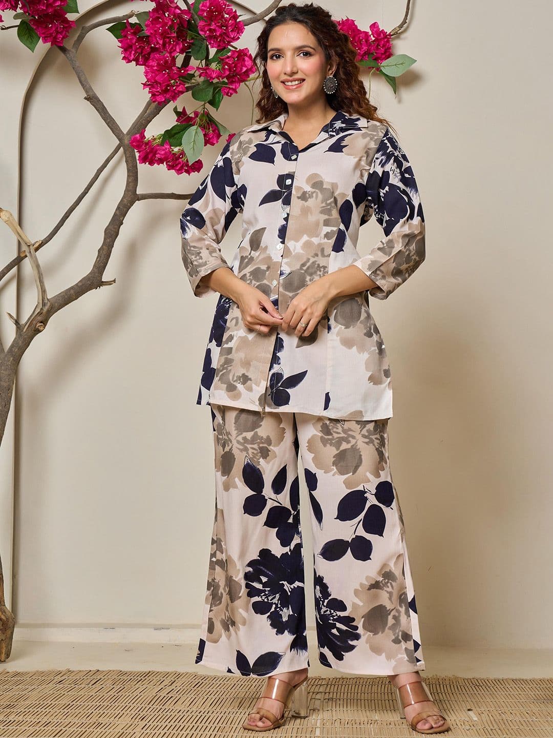 Banwaree Casual Printed Shirt Collar Tunic with Palazzo - view 1