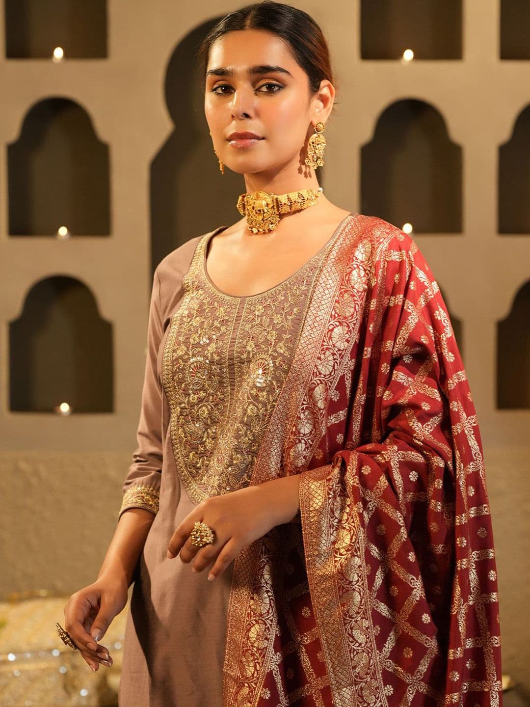 Indo Era Women Ethnic Motifs Embroidered Regular Sequinned Kurta Set With Dupatta - view 1
