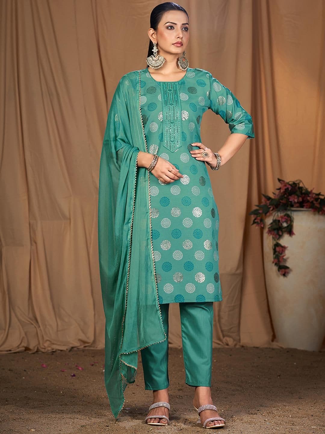 CLAVINET Women Cotton Blend Printed Regular Kurti with Trousers & With Dupatta - view 1