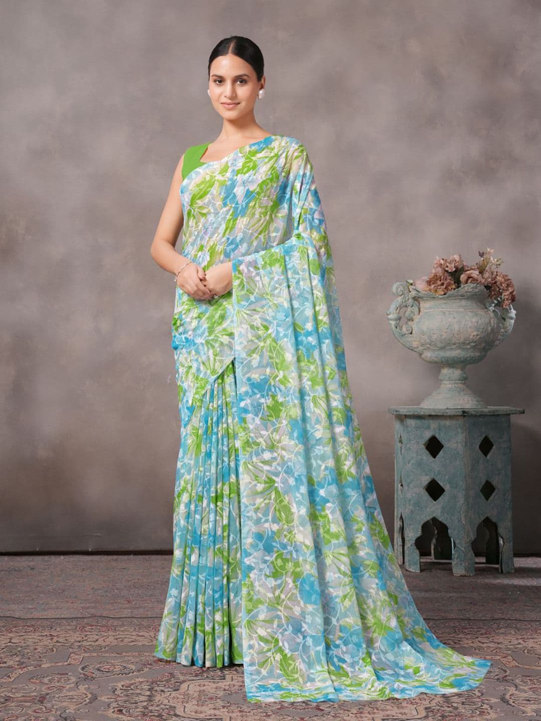 Garden Vareli Floral Printed Brasso Saree Without Blouse Piece - view 1