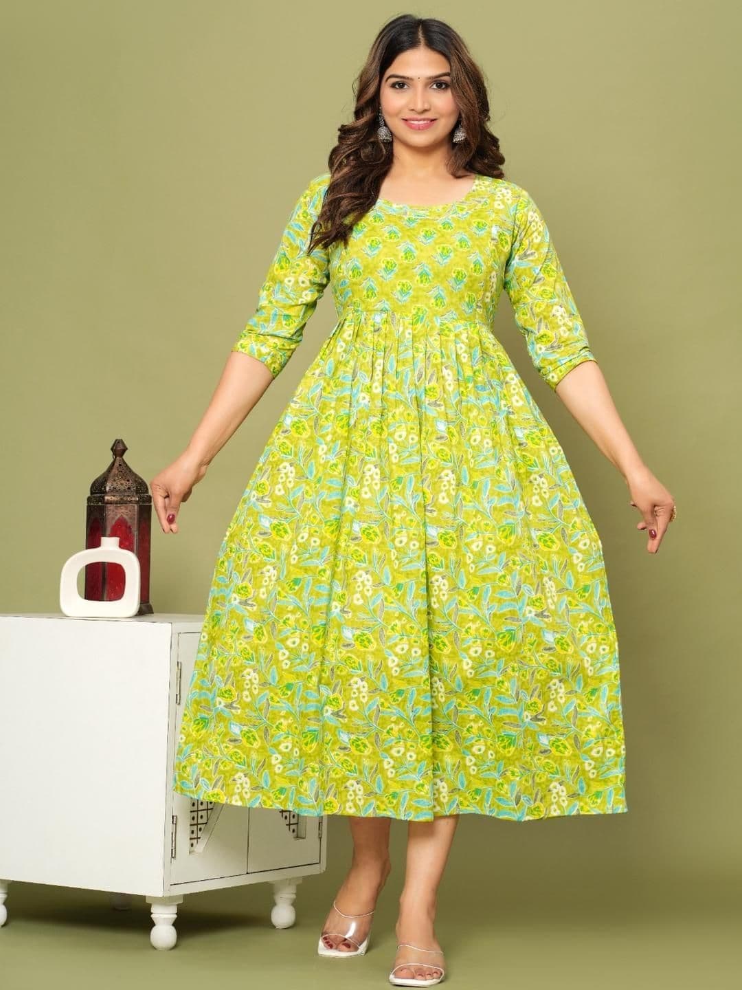 Style Heaven Women Green Floral Printed Round Neck Cotton Fit & Flare Midi Maternity Dress - view 1